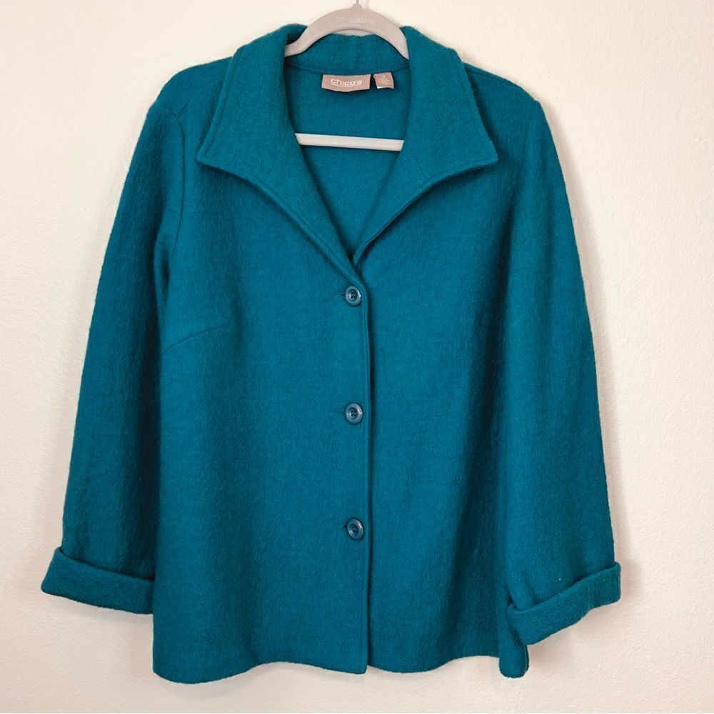 Chico’s Sweater Jacket Blue Wool Size 2 (large 12) Button Front Closure